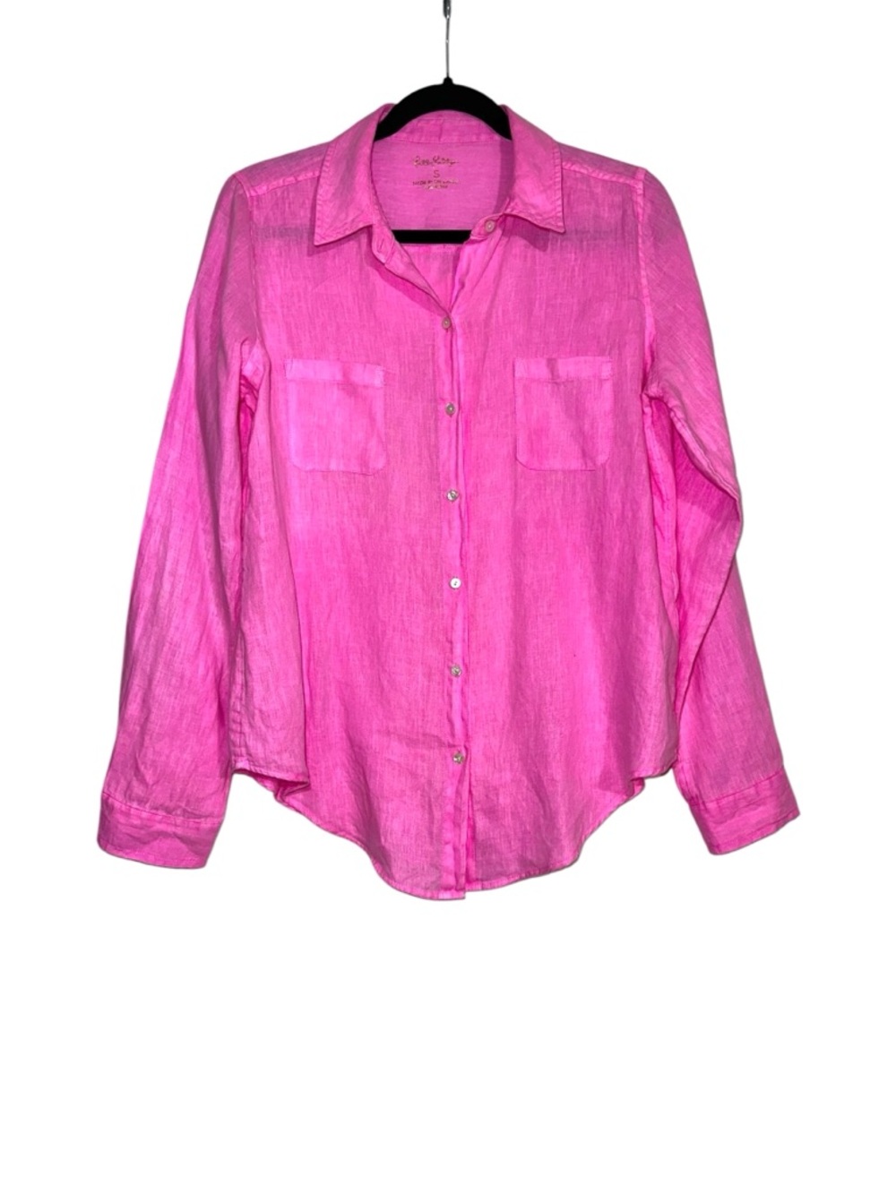 Lilly Pulitzer Sea View Linen Button Down Bright Pink Long Sleeve Shirt SMALL - Picture 2 of 7